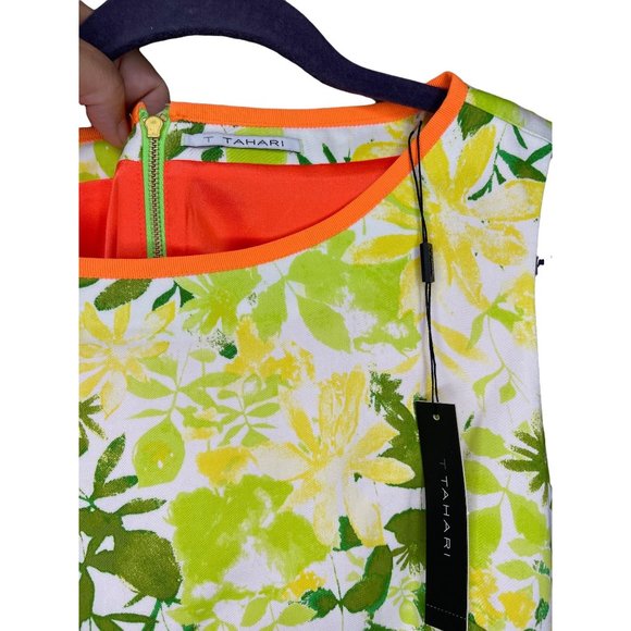 T TAHARI Terry Sheath Summer Dress Sleeveless Floral Bright Lime, Orange, Green, - Picture 4 of 11